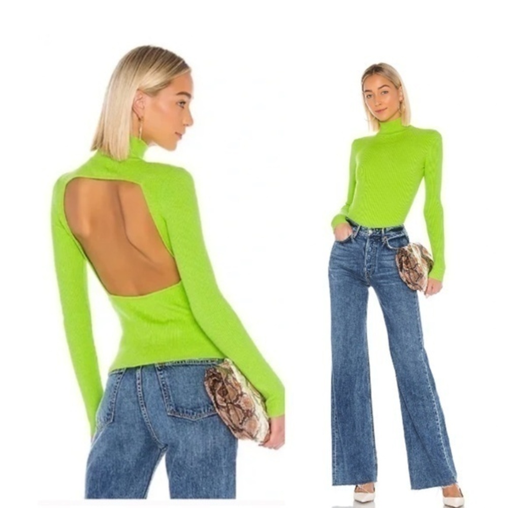 ✅ LPA Sweater Emmett Cutout Back Ribbed Mock Neck in Neon Green